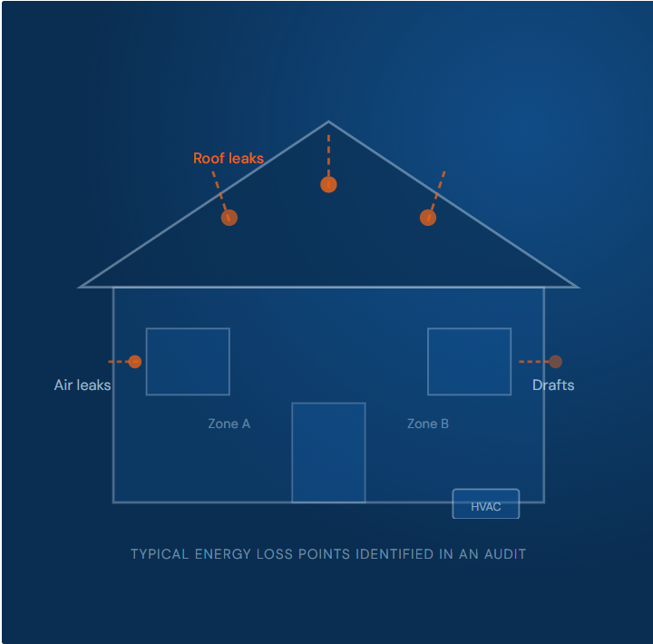 Diagram of a house highlighting typical energy loss points, including roof leaks, air leaks, drafts, and HVAC issues, with zones labeled A and B.