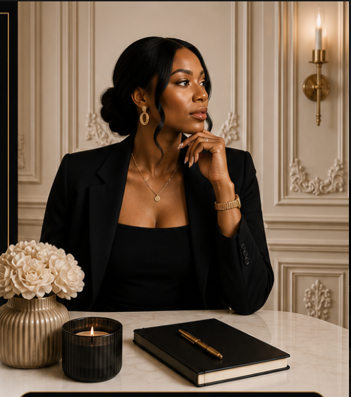 Elegant woman with dark hair styled in loose waves, wearing a black blazer, gold earrings, and a watch, sitting at a marble table with a closed black notebook, a gold pen, a black candle, and a cream flower arrangement in a gold vase, in a luxurious room with ornate wall paneling and a wall sconce.