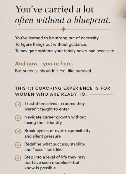 Close-up of a motivational text about women's coaching experience, emphasizing strength and success, with bullet points about trust, career growth, responsibility, redefining success, and taking realistic steps.