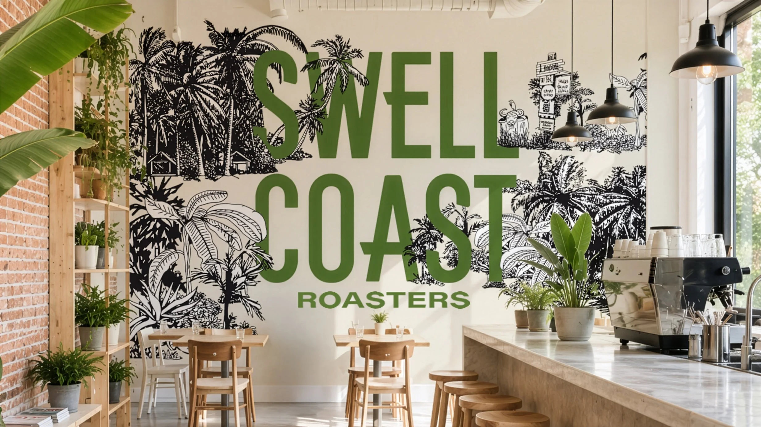 Interior of a coffee shop with wooden tables and chairs, potted plants, a large wall mural with palm trees and the words 'Swell Coast Roasters' in green, modern pendant lighting, and a large window.