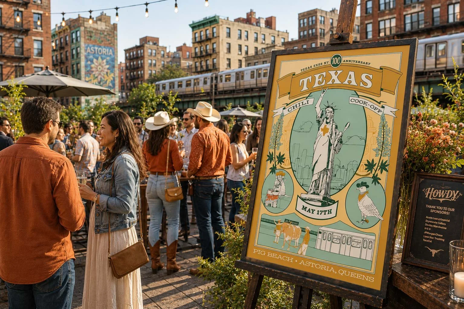 Custom illustrated event poster for the 2026 Texas Chili Cook-Off, held at Pig Beach, Astoria Queens on May 17th, featuring original hand-drawn illustration blending Texas and New York iconography, the Statue of Liberty, Frito pies, fire hydrants, a 