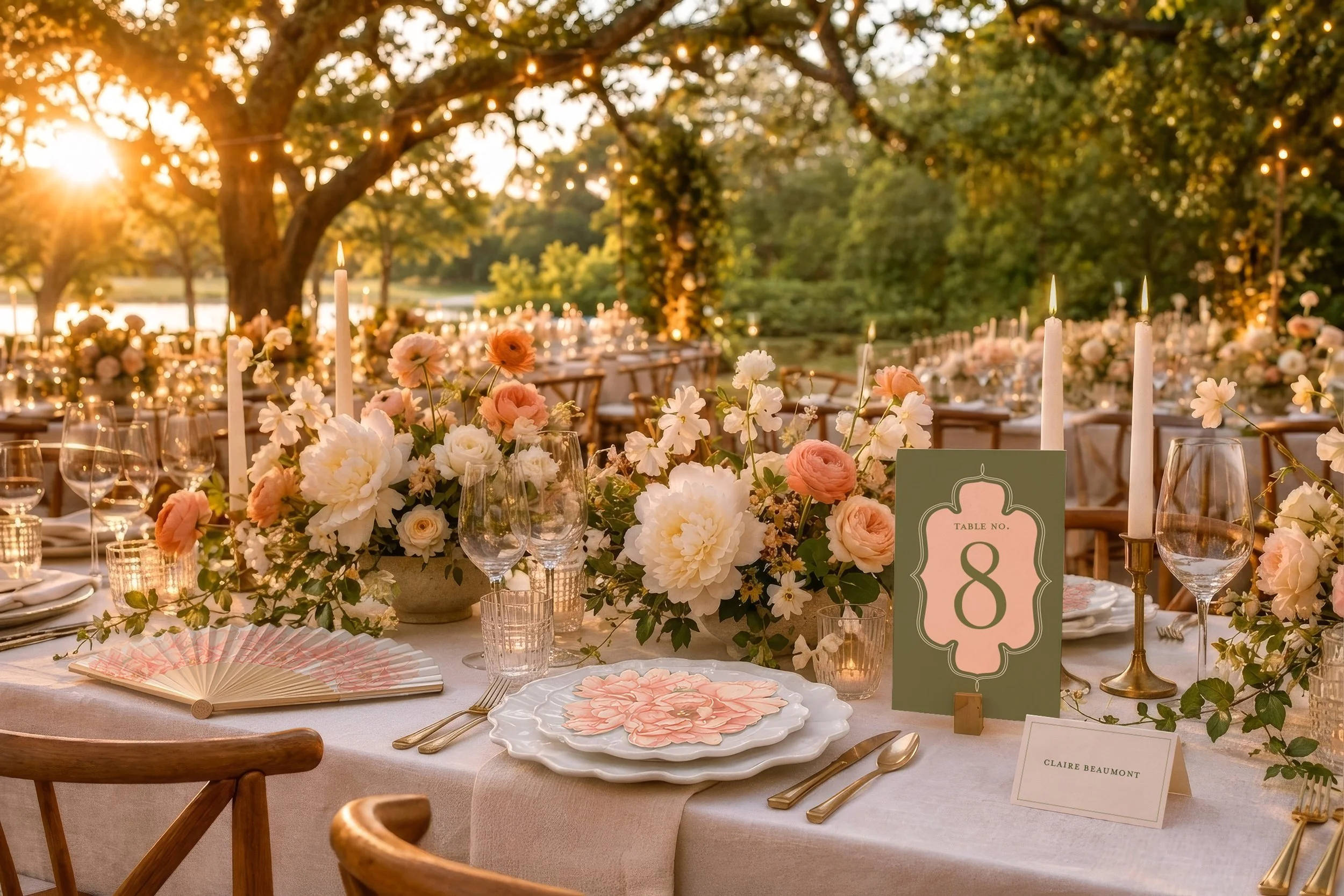 A beautifully decorated outdoor wedding reception table under trees with string lights, featuring floral centerpieces, candles, glassware, and table number card at sunset.
