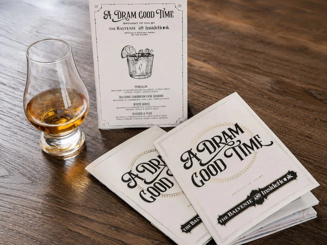 Custom event paper suite for "A Dram Good Time," a co-branded scotch tasting event by The Balvenie and InsideHook, featuring an illustrated cocktail menu card …Custom event paper suite for "A Dram Good Time," a co-branded event.