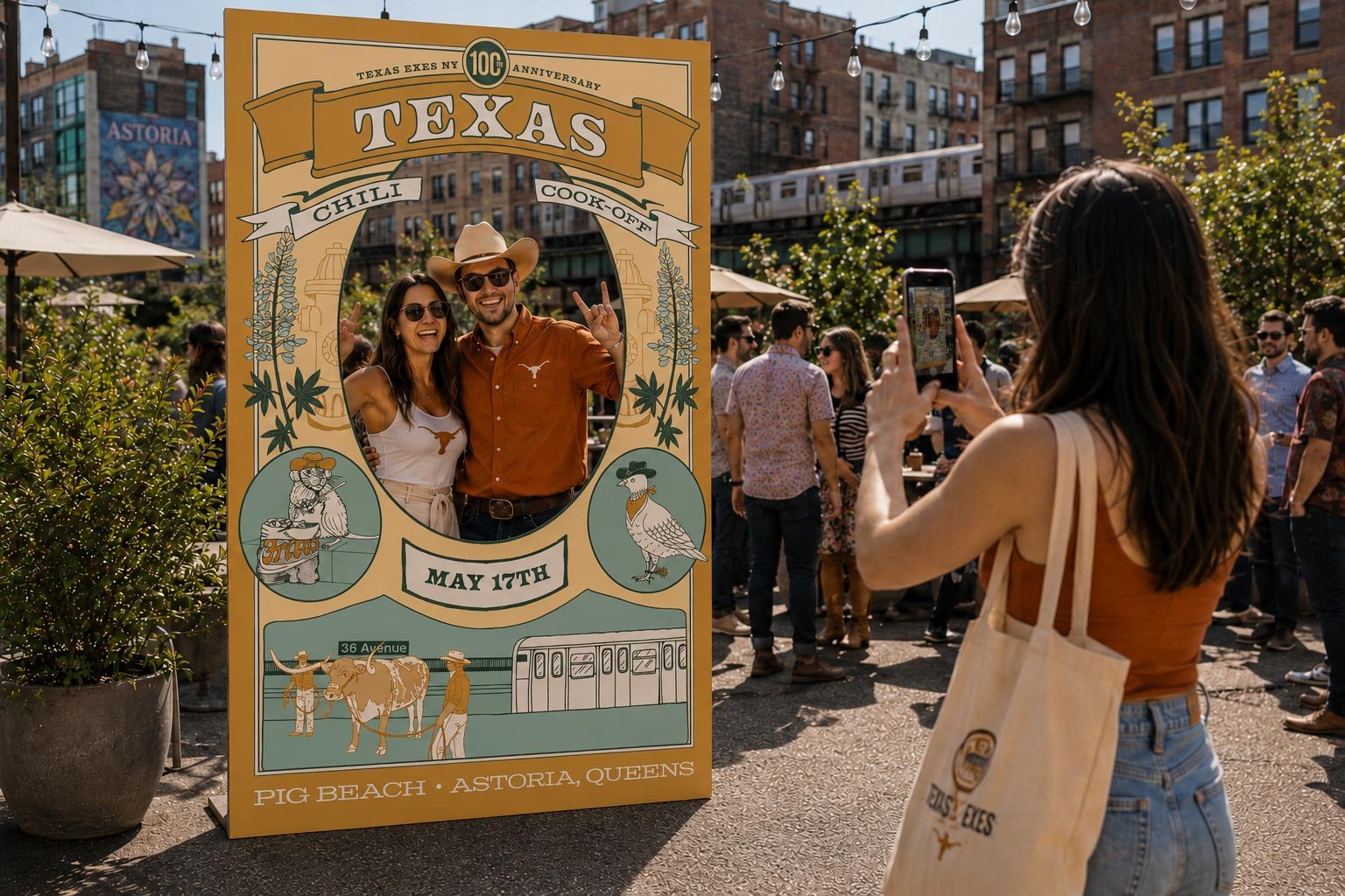 A custom designed photo backdrop for the Texas Chili Cookoff featuring the same graphics from the poster design with a cutout in the center for a photo opp.
