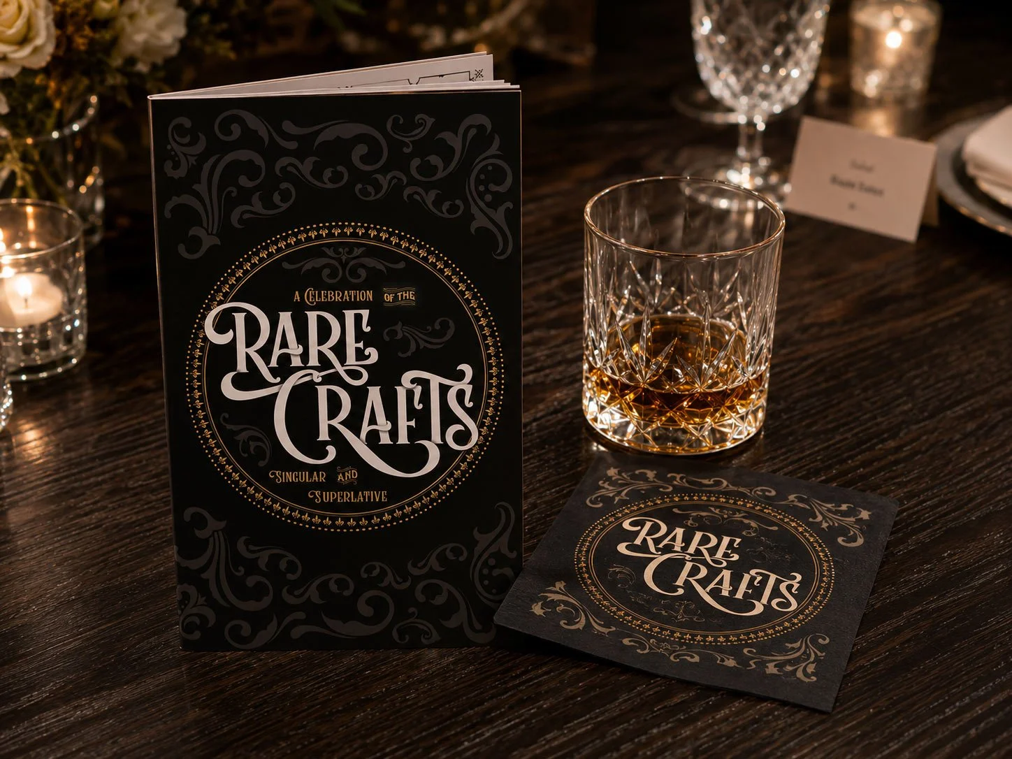 Custom event booklet and branded coaster for "A Celebration of the Rare Crafts, Singular and Superlative," a Balvenie scotch tasting event, featuring Victorian-inspired typography with gold foil detailing and ornate scrollwork on black stock, photogr