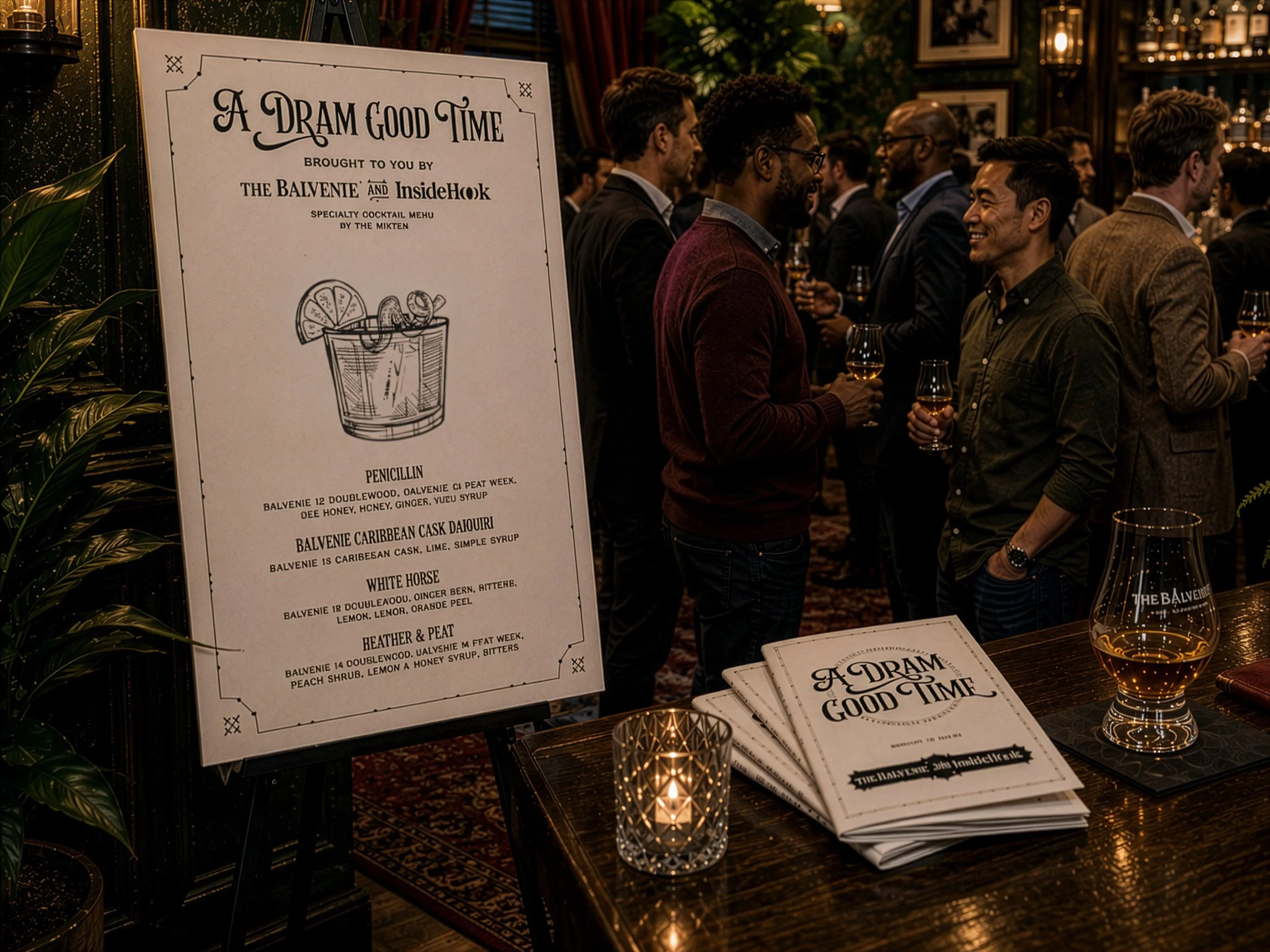 A group of people at a bar or tasting event, wearing semi-formal attire, holding glasses of drinks and engaging in conversation. A large menu board with cocktail options is visible in the foreground.