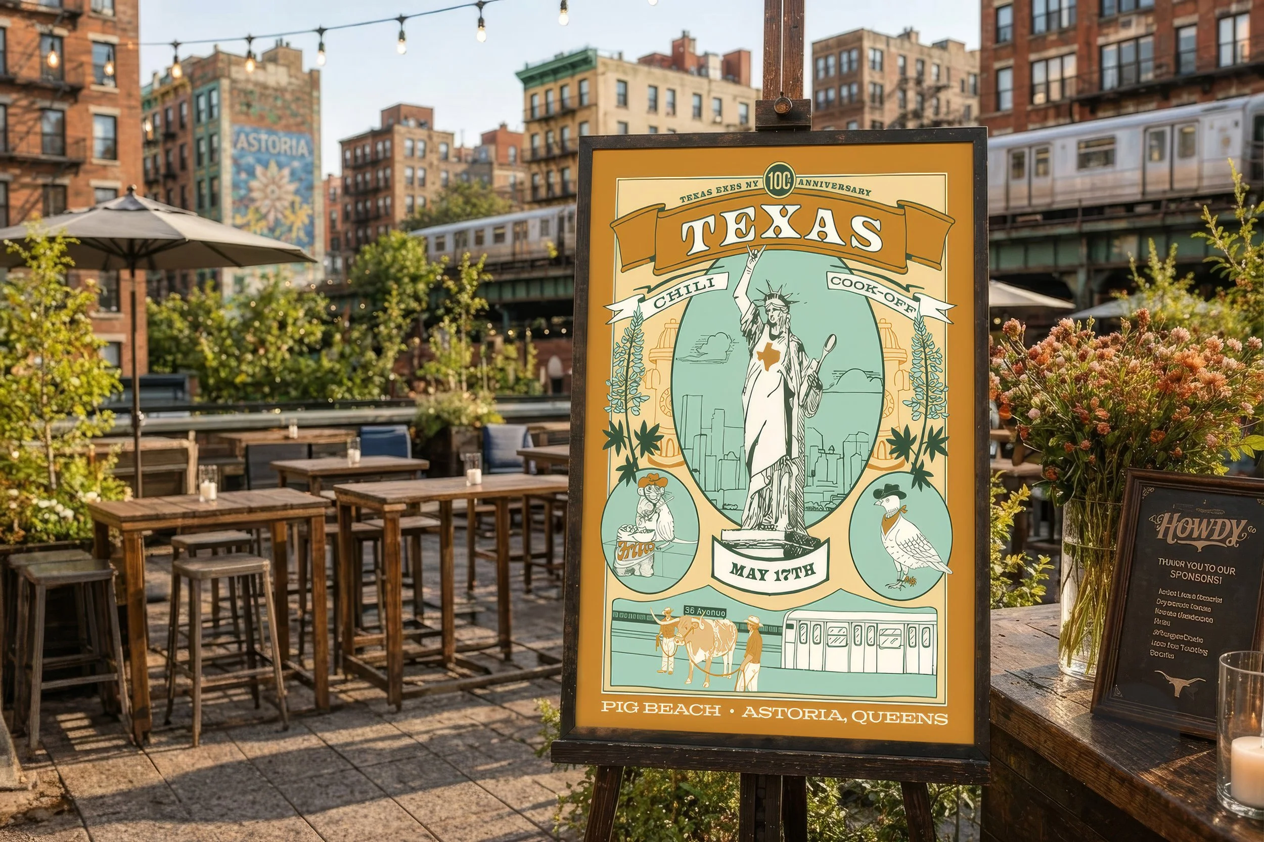 An event poster for the Texas Chili Cookoff in NYC. The work features hand drawn illustrations of the statue giving a hook em' horns hand sign, a two-stepping pigeon, and a very cute rat eating a Frito pie. The custom designed poster is at the event.