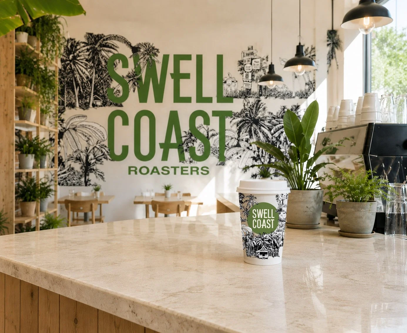Coffee cup on a marble countertop in a cozy coffee shop with potted plants, wooden chairs, and a wall mural with the words "Swell Coast Roasters" in green, surrounded by black and white illustrations of tropical trees and buildings.