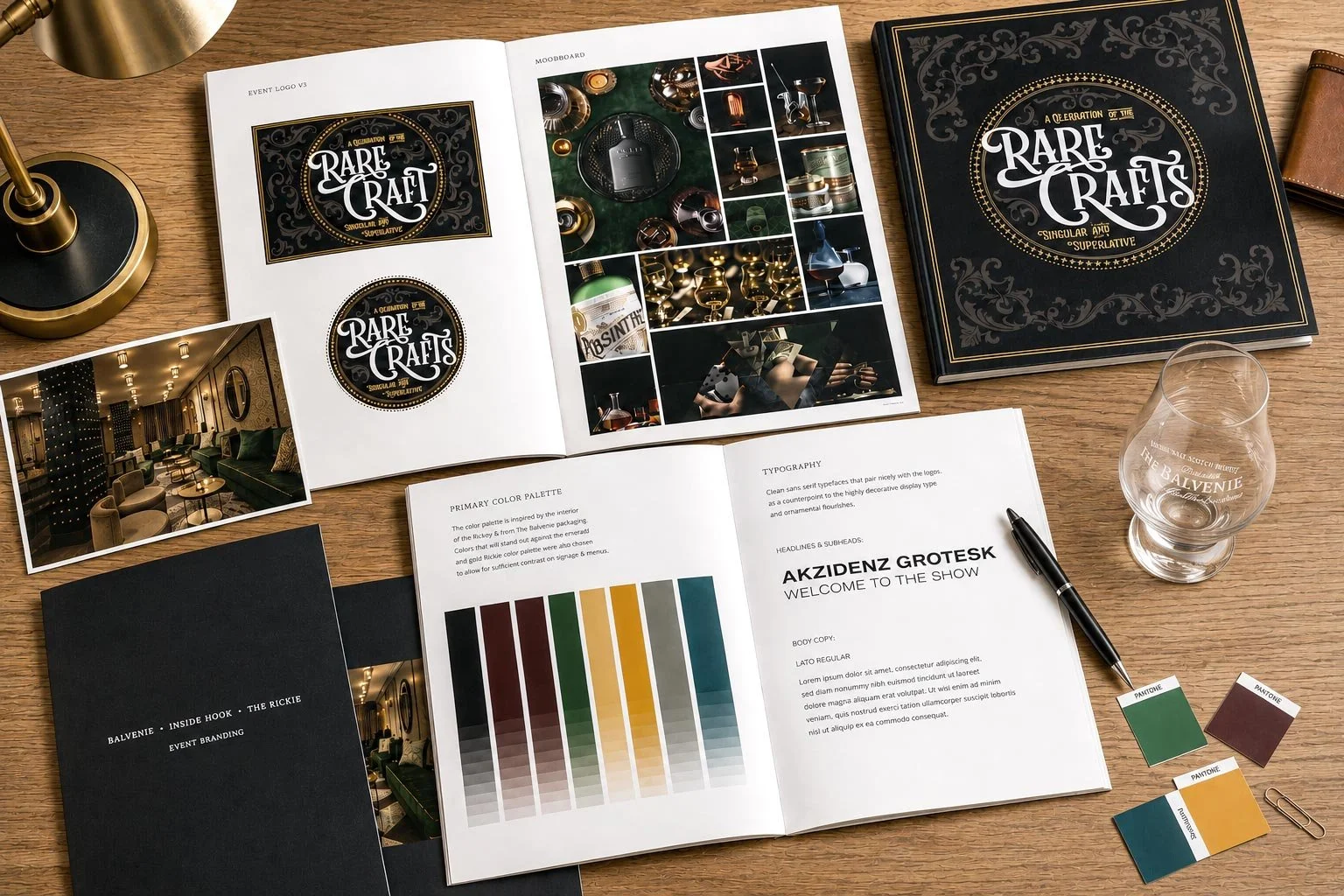Full event design and creative direction including a style guide with color swatches, typography, moodboard and logo variations.