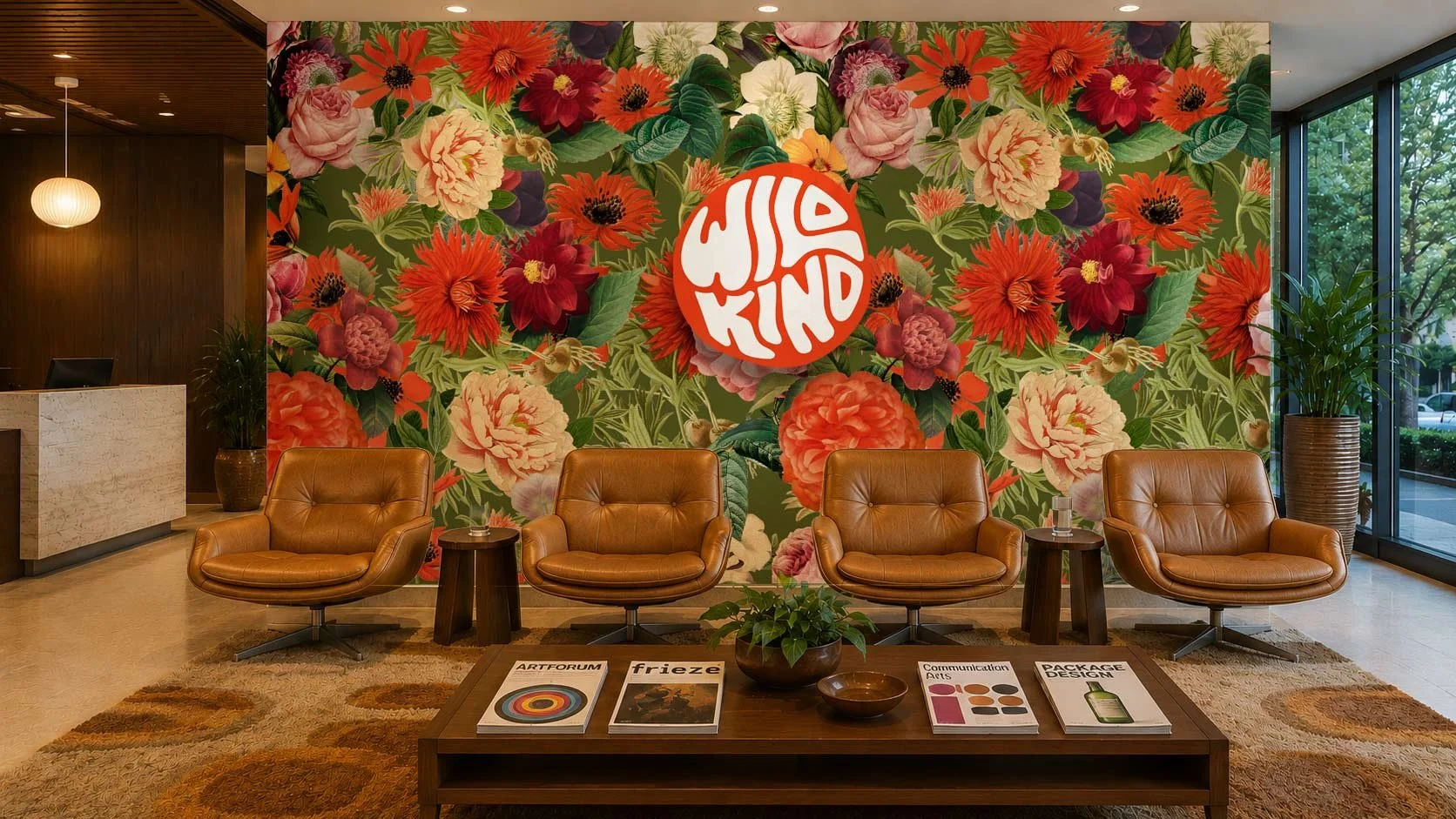 Lobby area with a floral-patterned wall featuring red, pink, and white flowers and green leaves, a logo that says 'WELLBEING IS THE NEW KING' in white letters on an orange circle, four brown leather chairs with a side table between the first two, a wooden coffee table with magazines and a plant, a reception desk in the corner, and large windows with greenery outside.