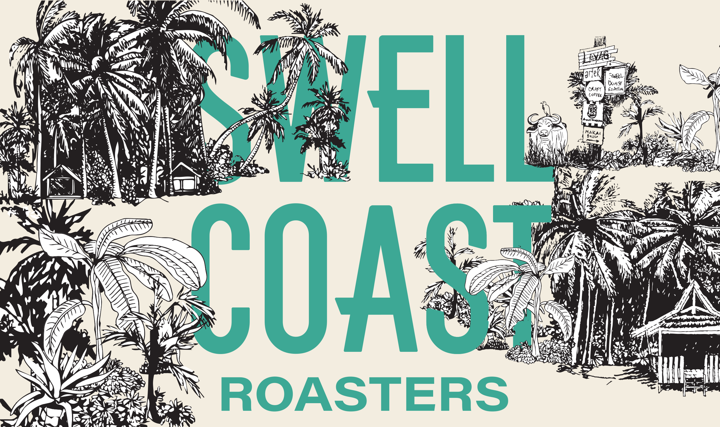Illustration of a tropical jungle scene with palm trees, leaves, a small house, and a signpost with multiple signs, alongside large text that reads 'Still Roasters'.