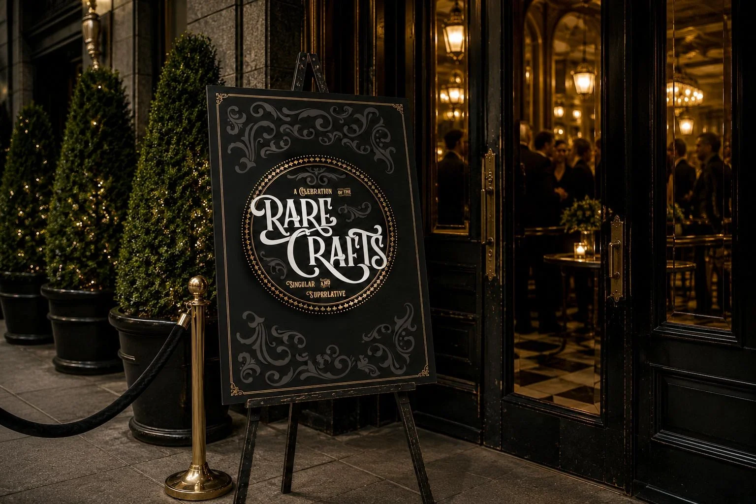 Custom easel-back event signage for Inside Hook's "Rare Crafts" cobranded event with Balvenie. 