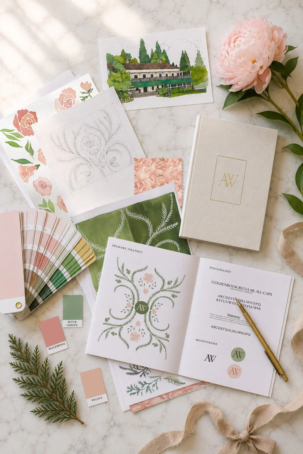 A collection of stationery, watercolor illustrations, fabric swatches, color samples, and a pink flower on a marble surface, arranged for a creative project or wedding planning.