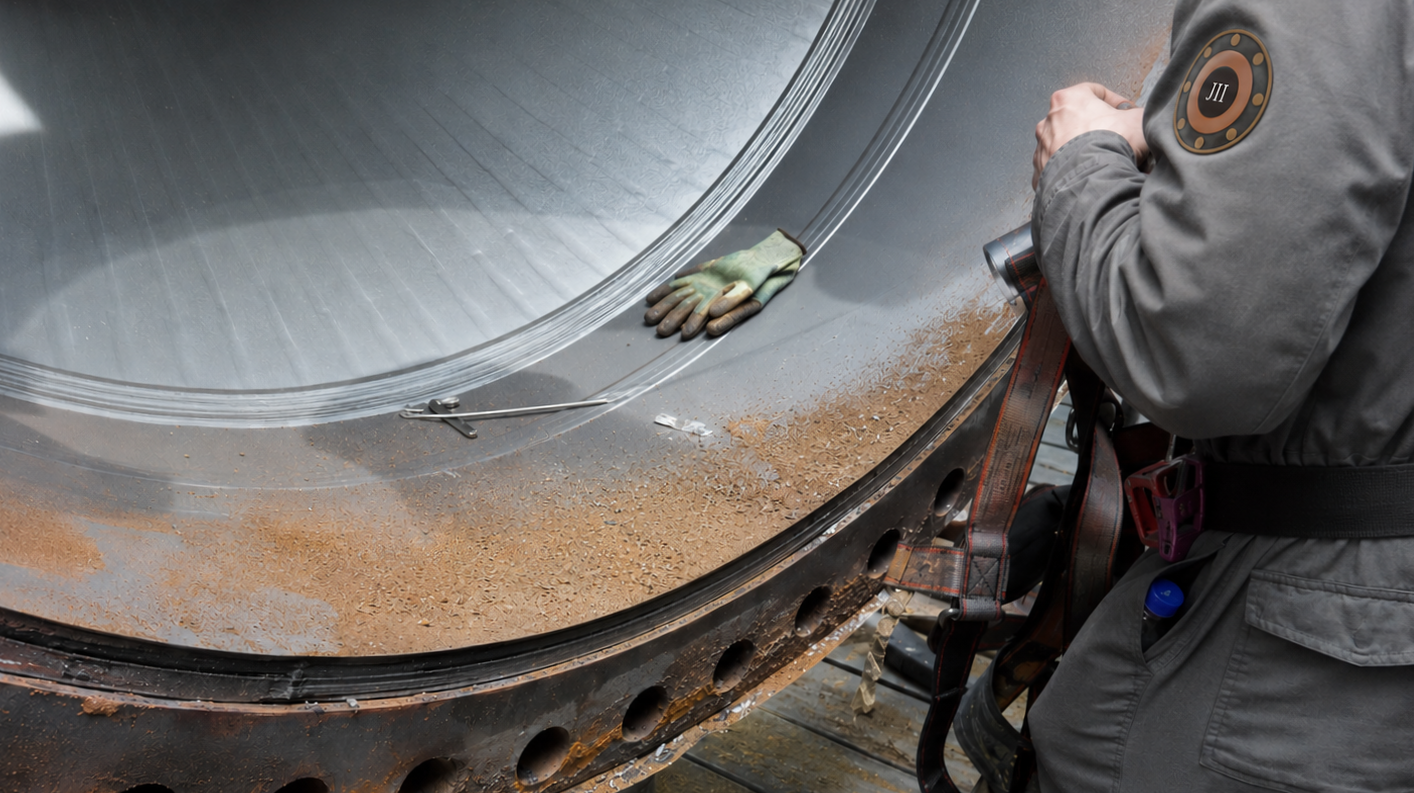 A worker in protective gear inspecting the interior of a large metal rocket or spacecraft.