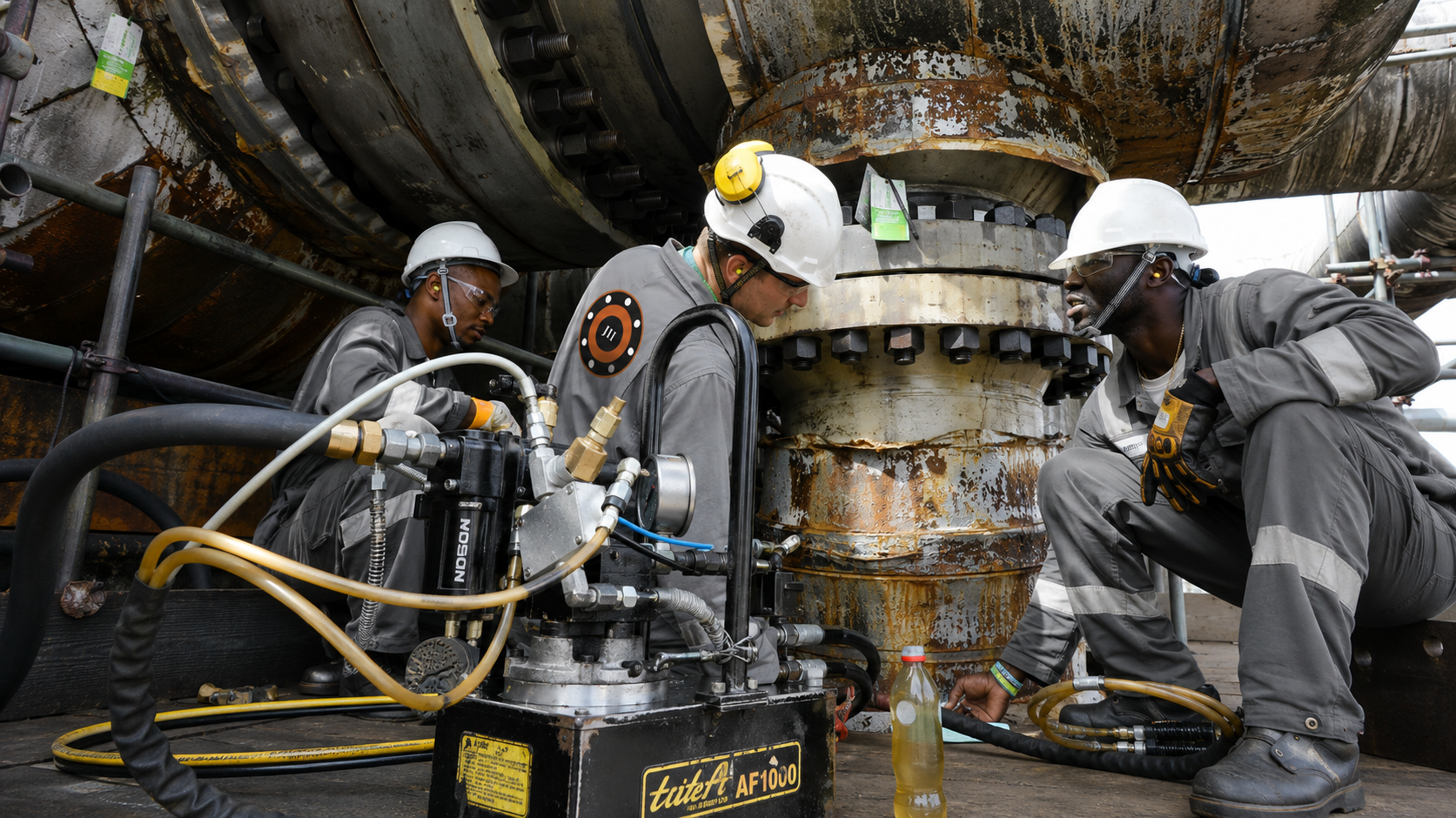 Three workers in grey uniforms and white helmets working on industrial machinery outdoors, with scaffolding around.