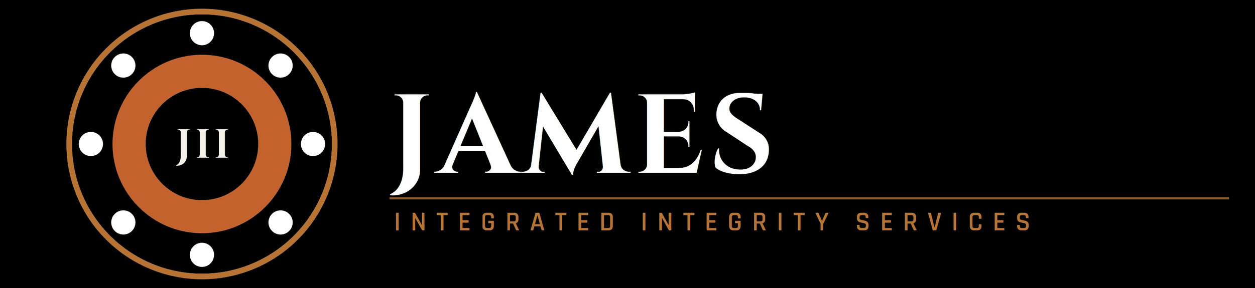Black background logo for JII James Integrated Integrity Services, featuring a circular emblem with white dots and the Roman numeral III, with the company name and tagline in white and gold text.