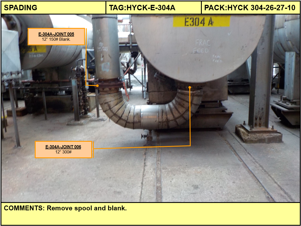 Industrial piping with labels indicating joints and specifications. Comments instruct to remove spool and blank.