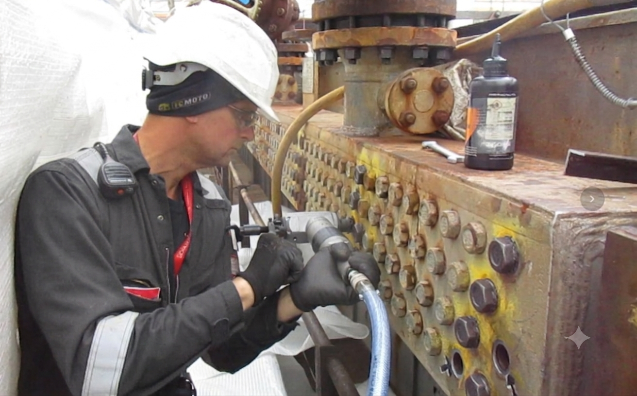 A worker wearing protective gear, including a helmet, goggles, gloves, and a uniform, is repairing or inspecting large industrial machinery with numerous bolts and fittings. The worker is using a tool connected to a hose or cable.