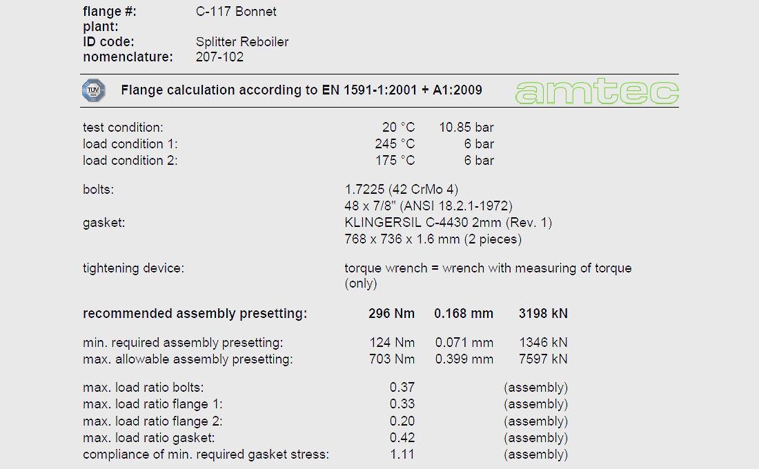 Technical data sheet for a flange, showing specifications for C-117 Bonnet, splitter reboiler. Includes information on test conditions, bolts, gasket, tightening device, assembly presetting, load ratios, and gasket stress compliance.