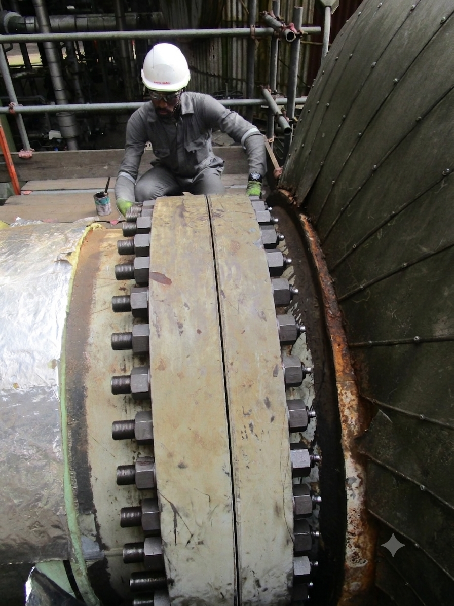 A worker wearing a safety helmet and gloves inspects a large industrial turbine or engine component at a construction or maintenance site.