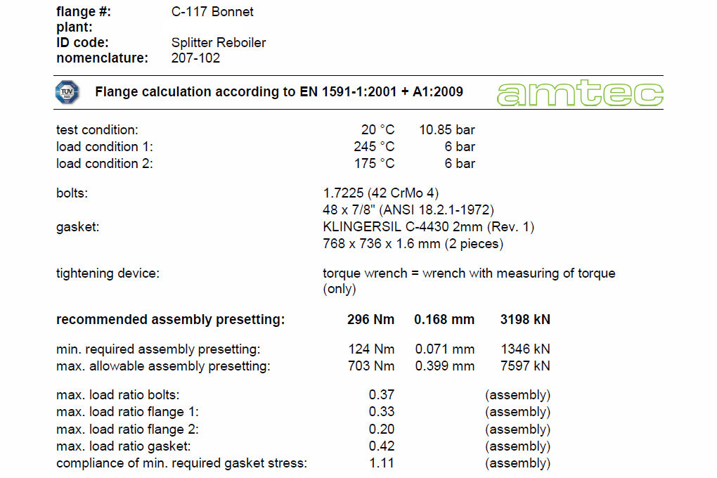 Technical data sheet for a C-117 Bonnet flange, including specifications for load conditions, bolts, gasket, tightening device, and assembly presetting.
