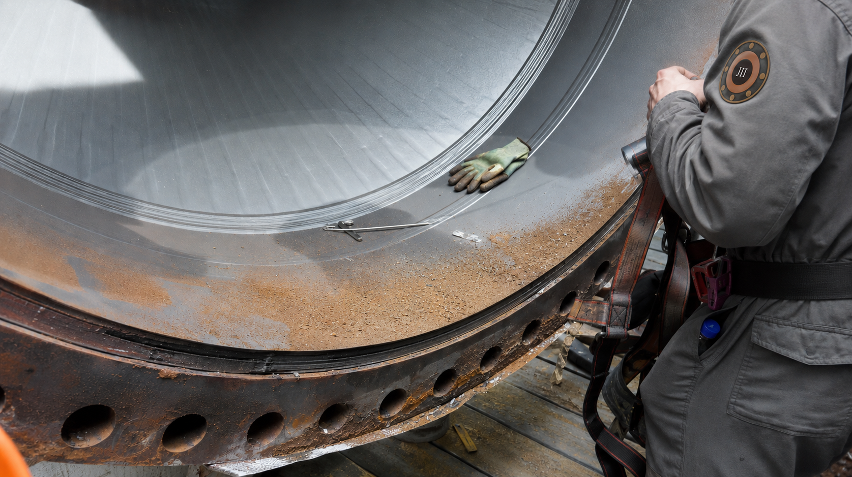 A worker in gray coveralls is inspecting a large metal industrial tank with a person holding a flashlight. There is a pair of gloves and tools on the tank's surface, and the tank appears to be rusty and partially coated with dirt or rust.