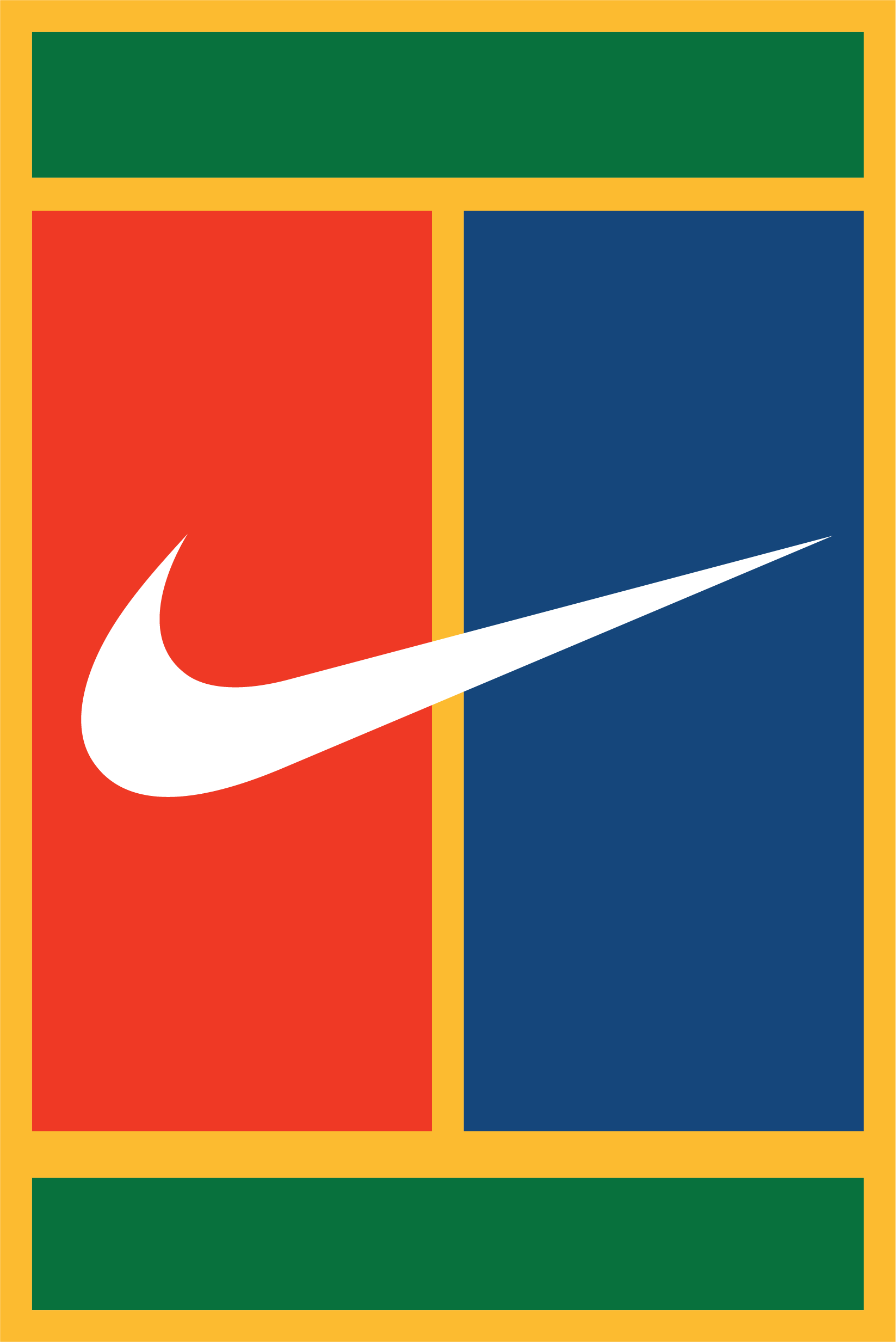 Rectangular design with a yellow border and green sections at the top and bottom. The middle section is divided into two vertical rectangles, one red on the left and one blue on the right, separated by a thin yellow line. A large black Nike swoosh logo overlaps both colored rectangles.