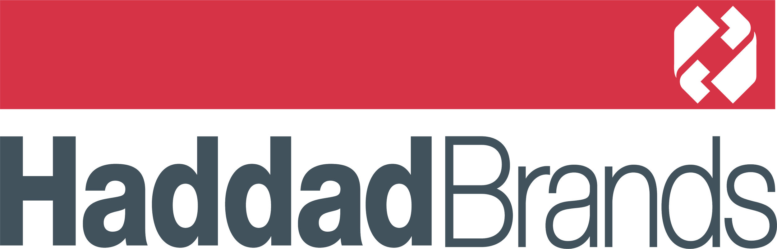 Logo of Haddad Badros with a red background and a white geometric design in the top right corner.