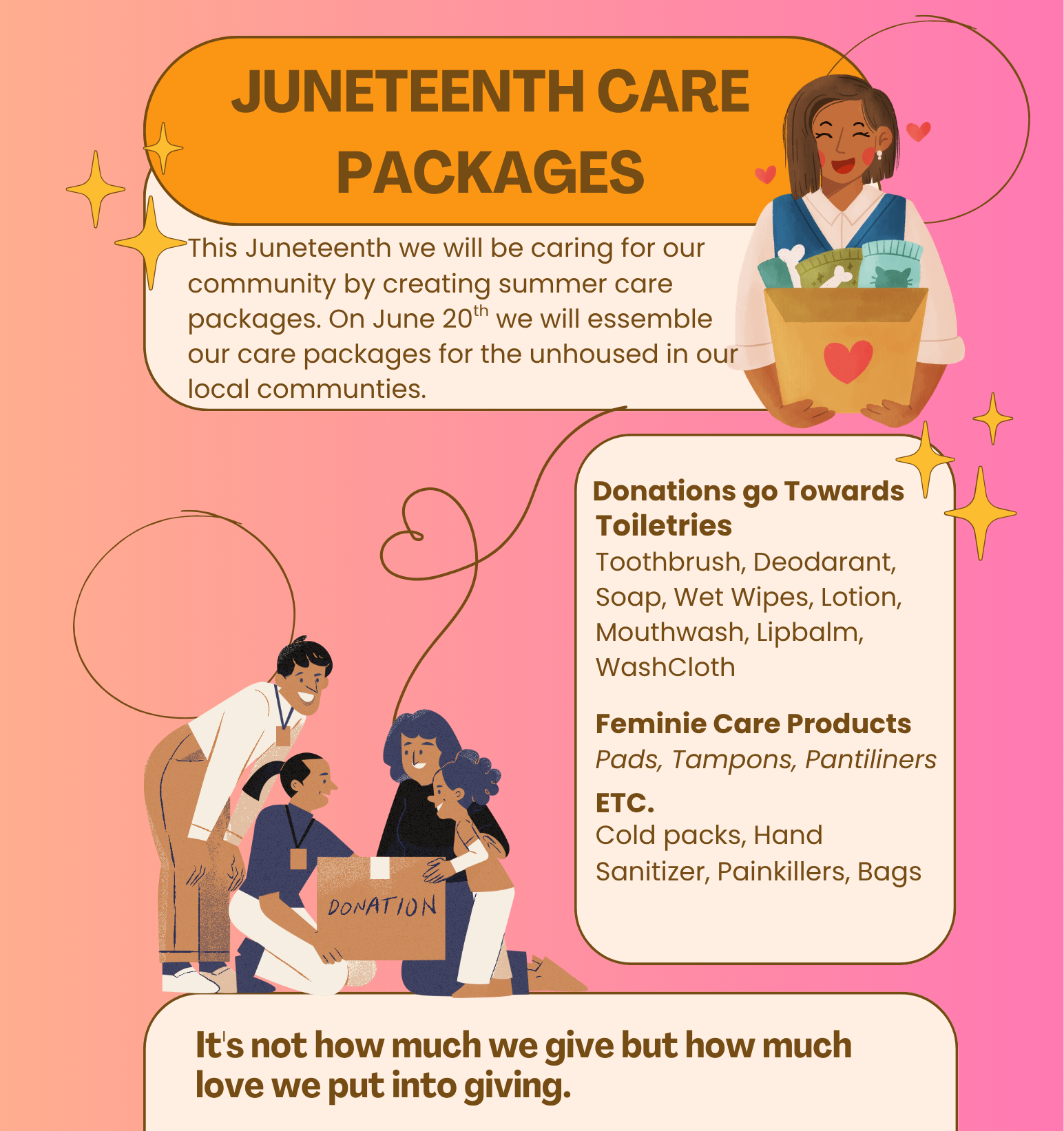 An illustrated poster about Juneteenth care packages. It features a woman with dark hair holding a box of supplies, and a small group of diverse people, including a healthcare worker, preparing a donation box. The poster highlights community service and donation items such as toothbrushes, soap, and sanitary products.