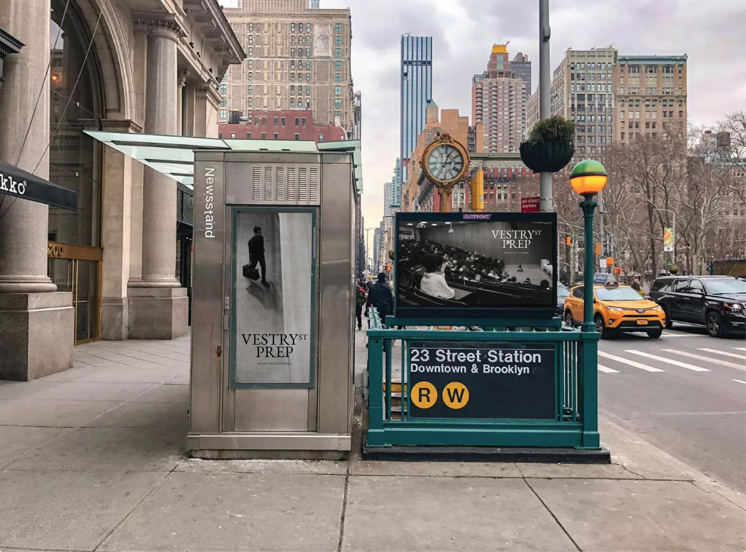 NYC street scene with underground subway entrance, a digital billboard featuring Vestry Street Prep for LSAT Tutoring, and city skyscrapers. Traffic includes yellow taxis and black cars, with trees and street lamps along the sidewalk.