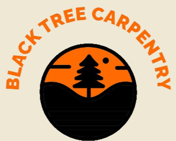 Logo for Black Tree Carpentry featuring a stylized tree within an orange circle with a black horizon line, and the company name in orange text curved around the top.