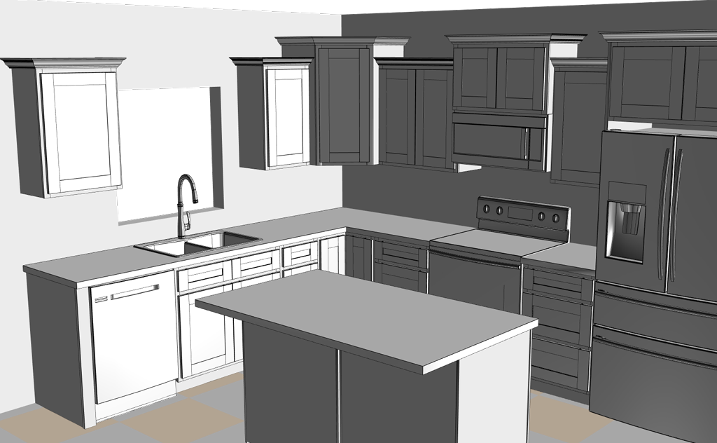 Drawing of a modern kitchen with cabinets, a sink, a stove, a refrigerator, and an island.