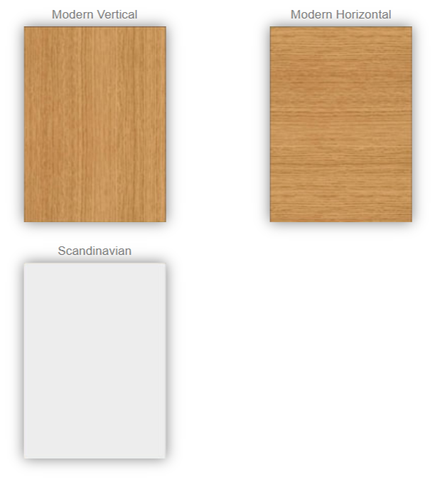Three rectangular desk samples with different finishes: a vertical modern wood, a horizontal modern wood, and a Scandinavian white finish.