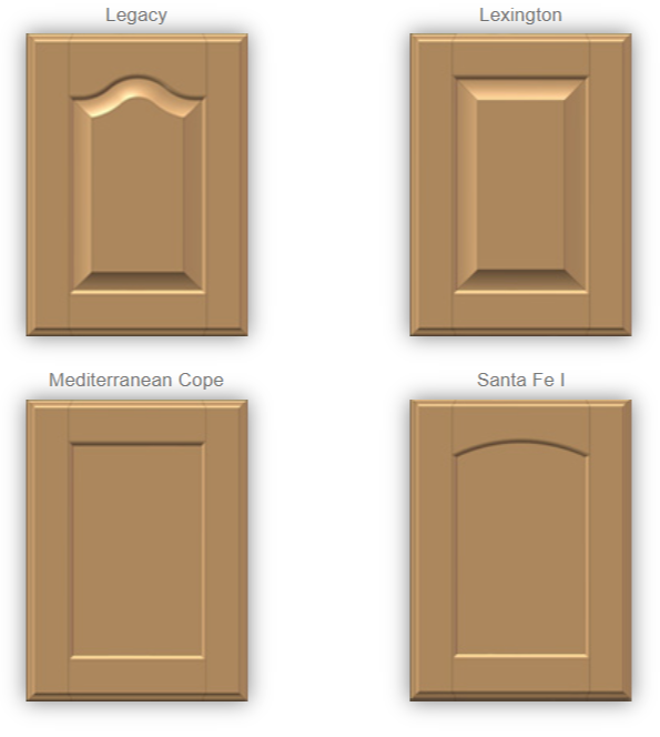 Four different cabinet doors labeled as Legacy, Lexington, Mediterranean Cope, and Santa Fe, each with unique panel designs.