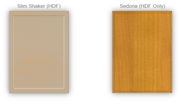 Comparison of two wood cabinet doors, one labeled 'Slim Shaker (HDF)' in light beige, the other labeled 'Sedona (HDF Only)' in orange-brown.