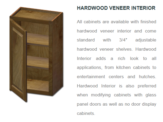 All cabinets are available with finished hardwood veneer interior and come standard shelves. Hardwood interior adds a rich look to all applications, from kitchen cabinets to bathrooms and more