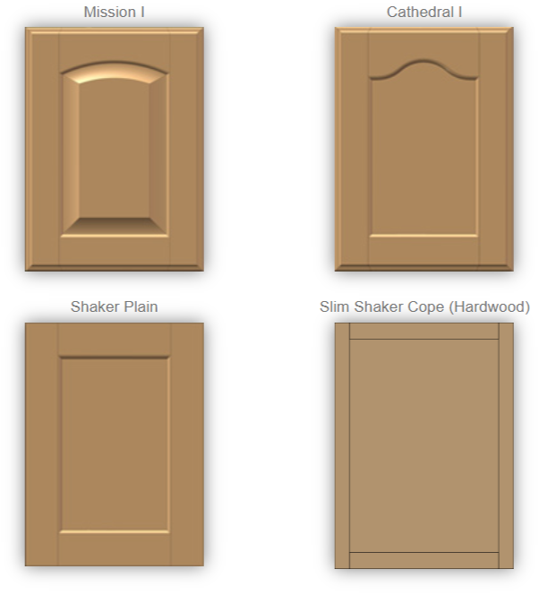 Four wooden cabinet doors with different designs and styles, labeled Mission I, Cathedral I, Shaker Plain, and Slim Shaker Cope (Hardwood).