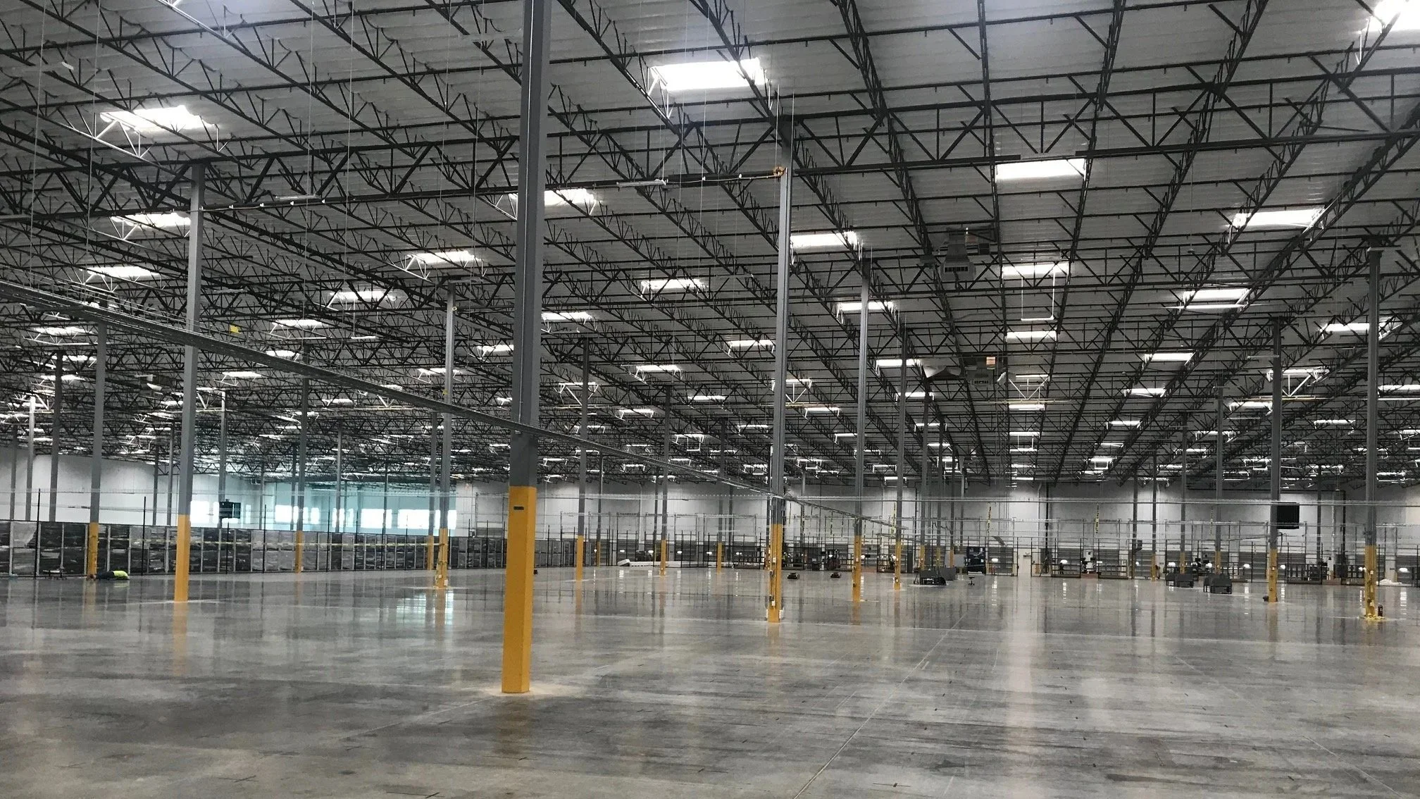 warehouse interior with overhead lighting