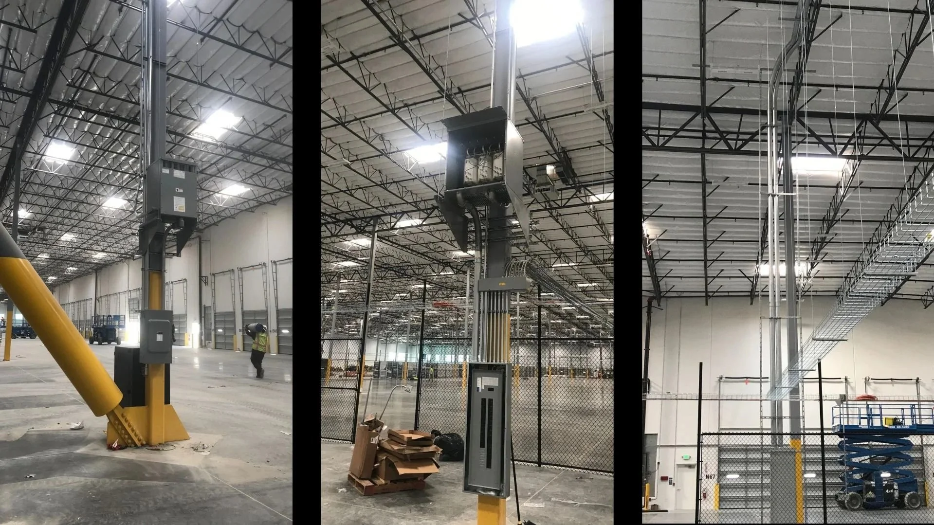 three shots of warehouse interior