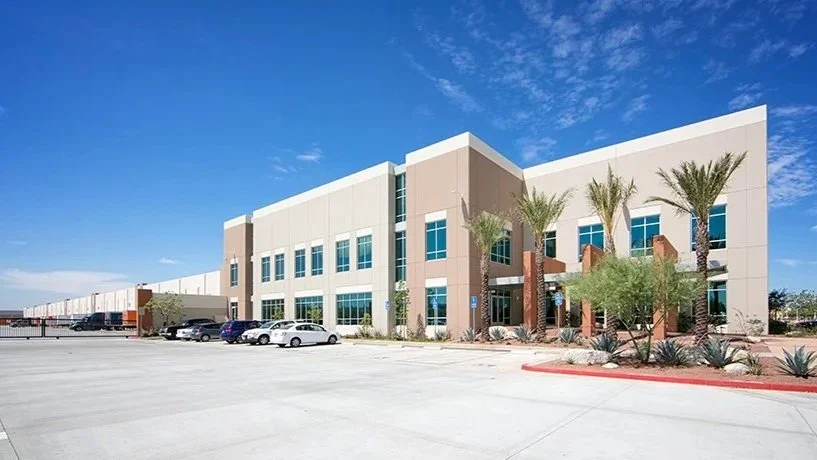 wide shot of commercial building exterior