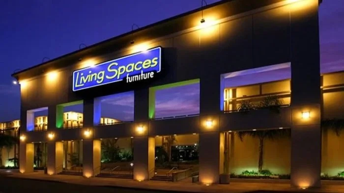 Living Spaces facade at night