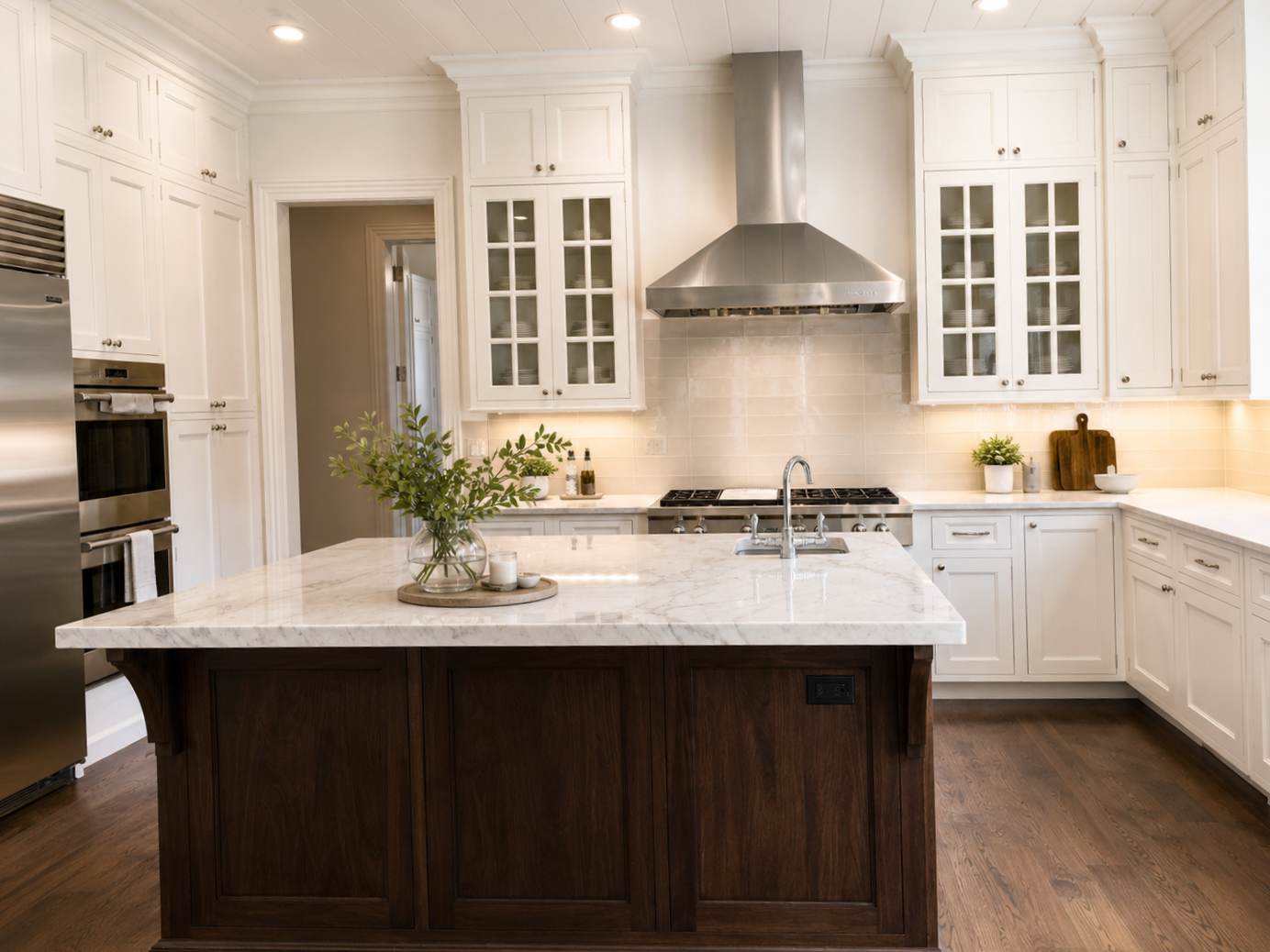 Modern kitchen with white cabinets, marble countertops, and a wooden island. Contains a stainless steel range hood, stovetop, and decorative plants.