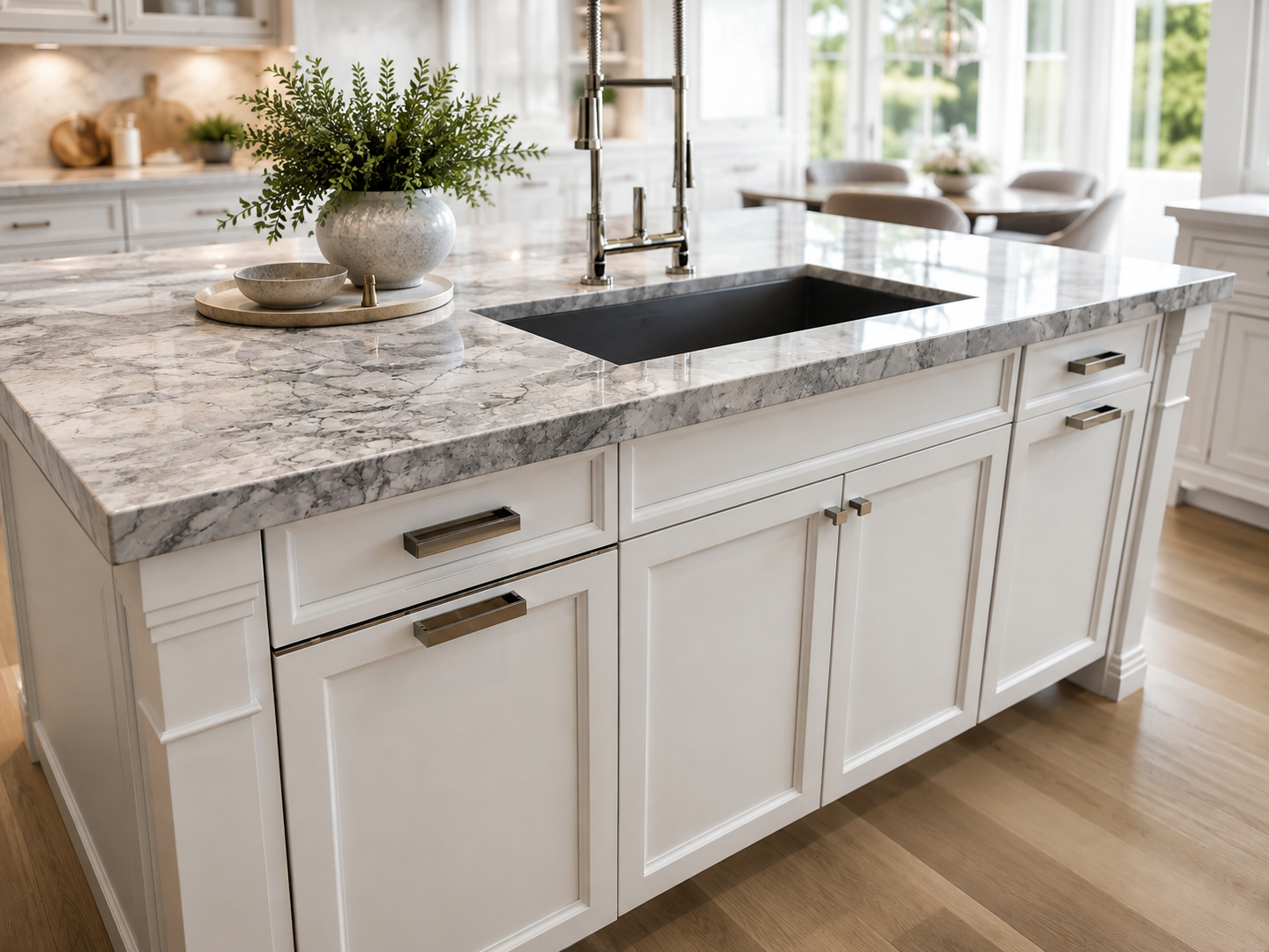 Modern kitchen island with white cabinetry, a marble countertop, black undermount sink, and a plant centerpiece.