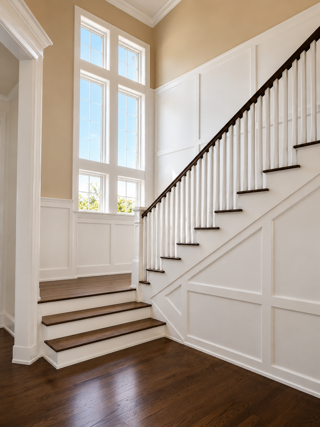 Interior view of a staircase with wooden steps and white banister, adjacent to tall windows allowing natural light, with wooden flooring and beige walls.