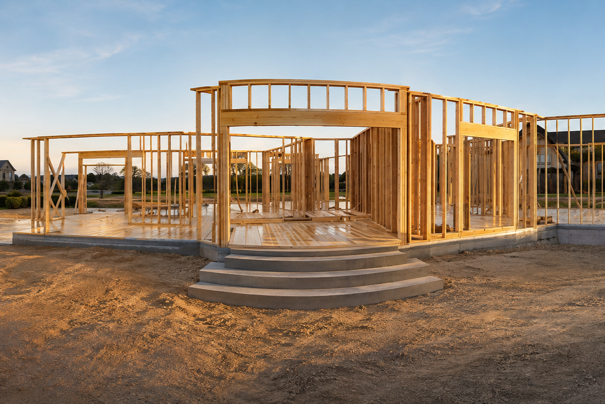 Wooden house frame under construction with stairs leading up to the front. The construction site is on bare ground with a clear blue sky in the background.