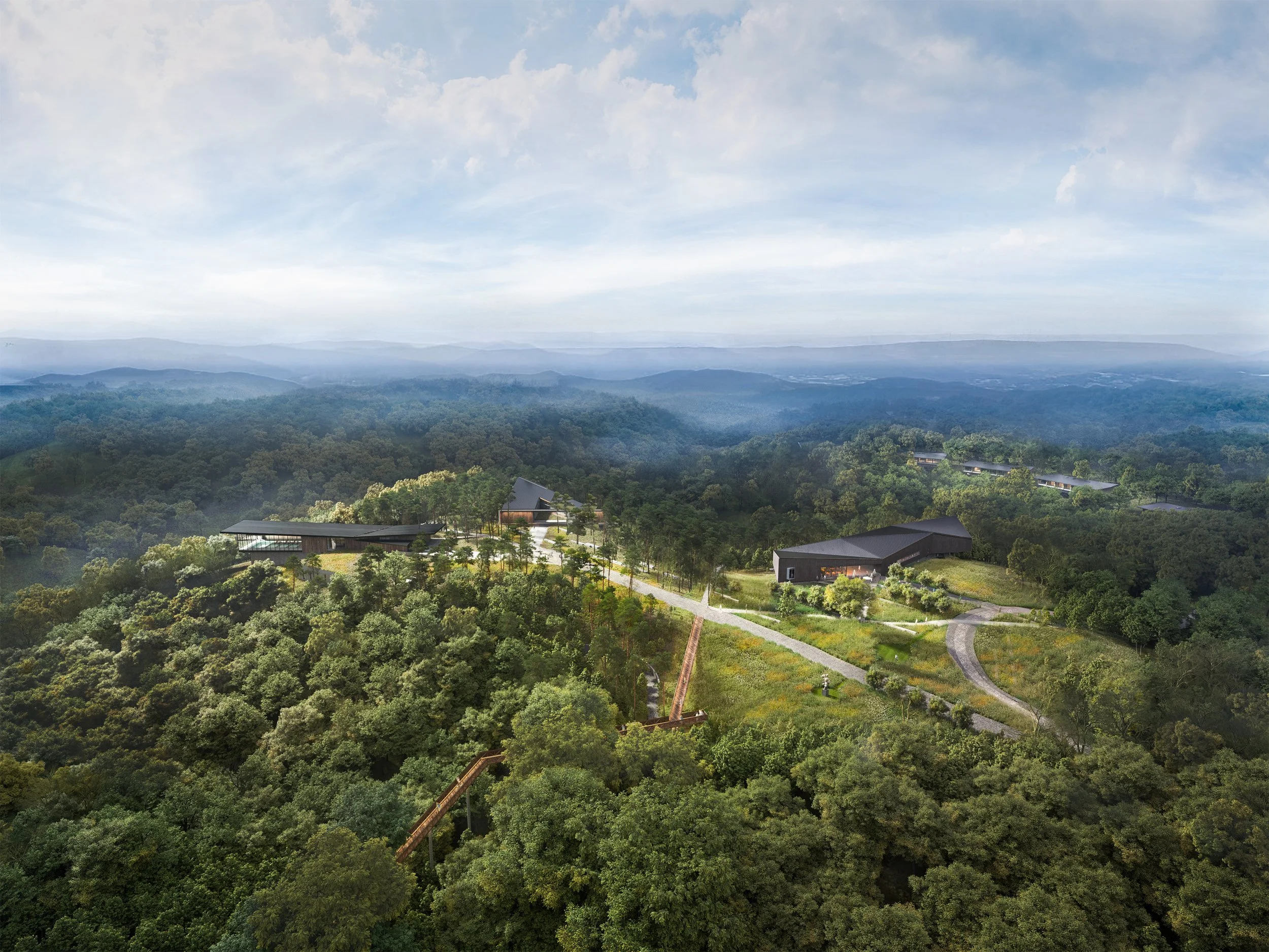 Shenandoah Nature Resort in Star Tannery, Virginia, a luxury wellness retreat designed by Olson Kundig, Marlon Blackwell Architects, Clodagh Design, and Coen & Partners.