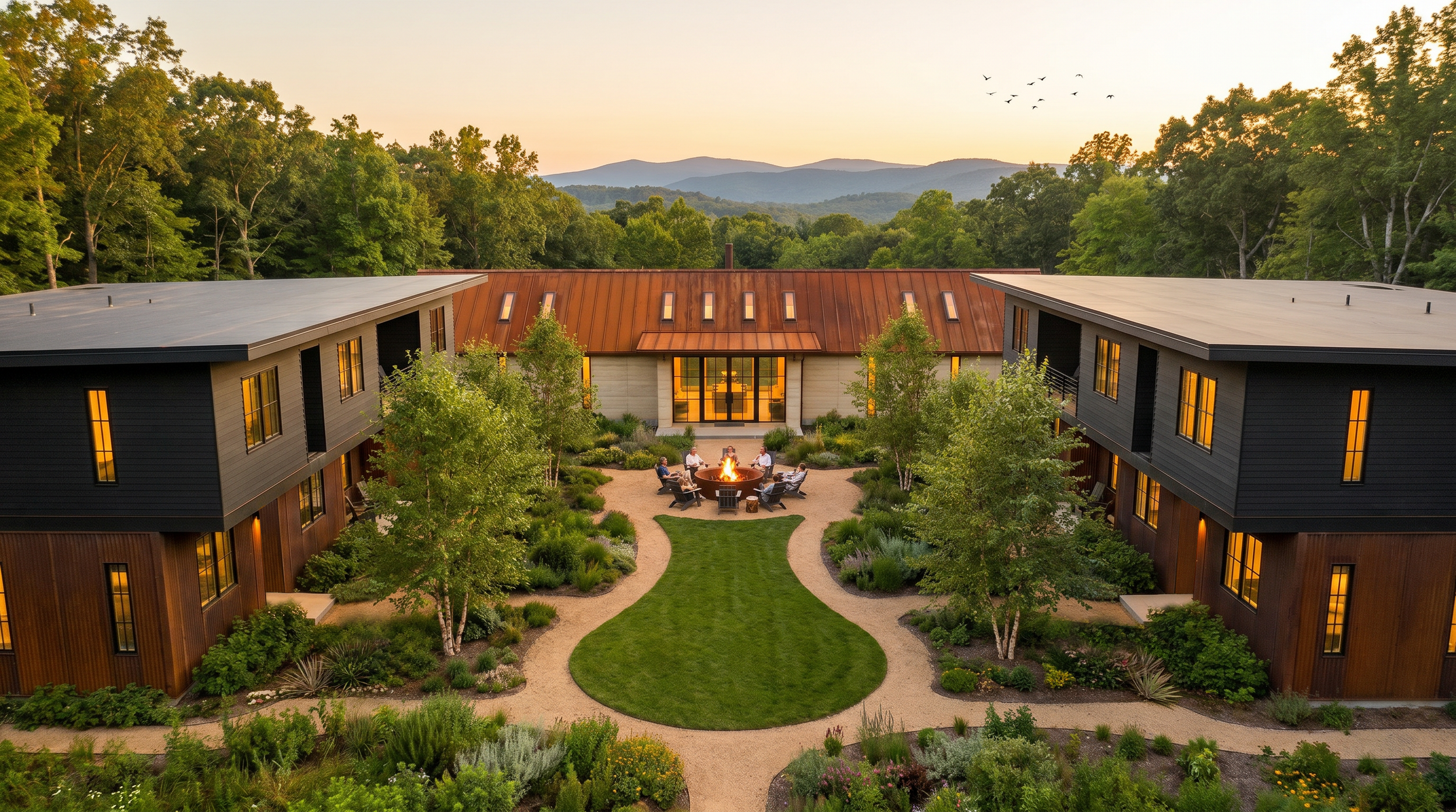 Shenandoah Nature Resort in Star Tannery, Virginia, a luxury wellness retreat designed by Olson Kundig, Marlon Blackwell Architects, Clodagh Design, and Coen & Partners.