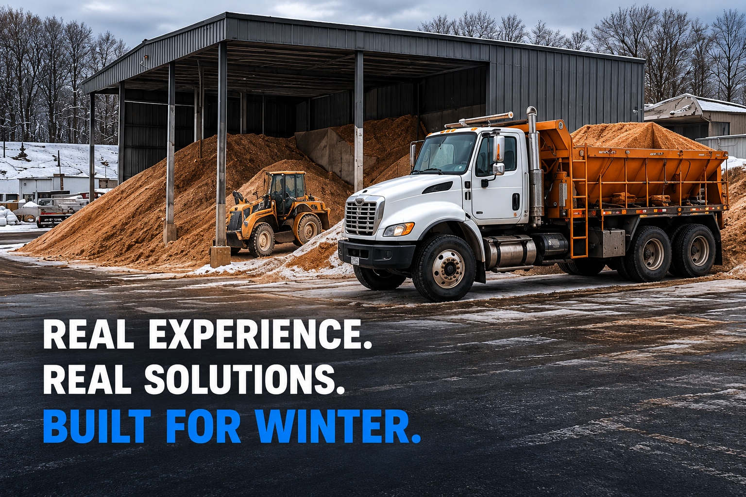 A snow-covered outdoor storage area with a large black metal shed filled with piles of dirt or salt, a yellow front loader cleaning the piles, and a white dump truck parked in front. Text overlay reads 'Real experience. Real solutions. Built for winter.'