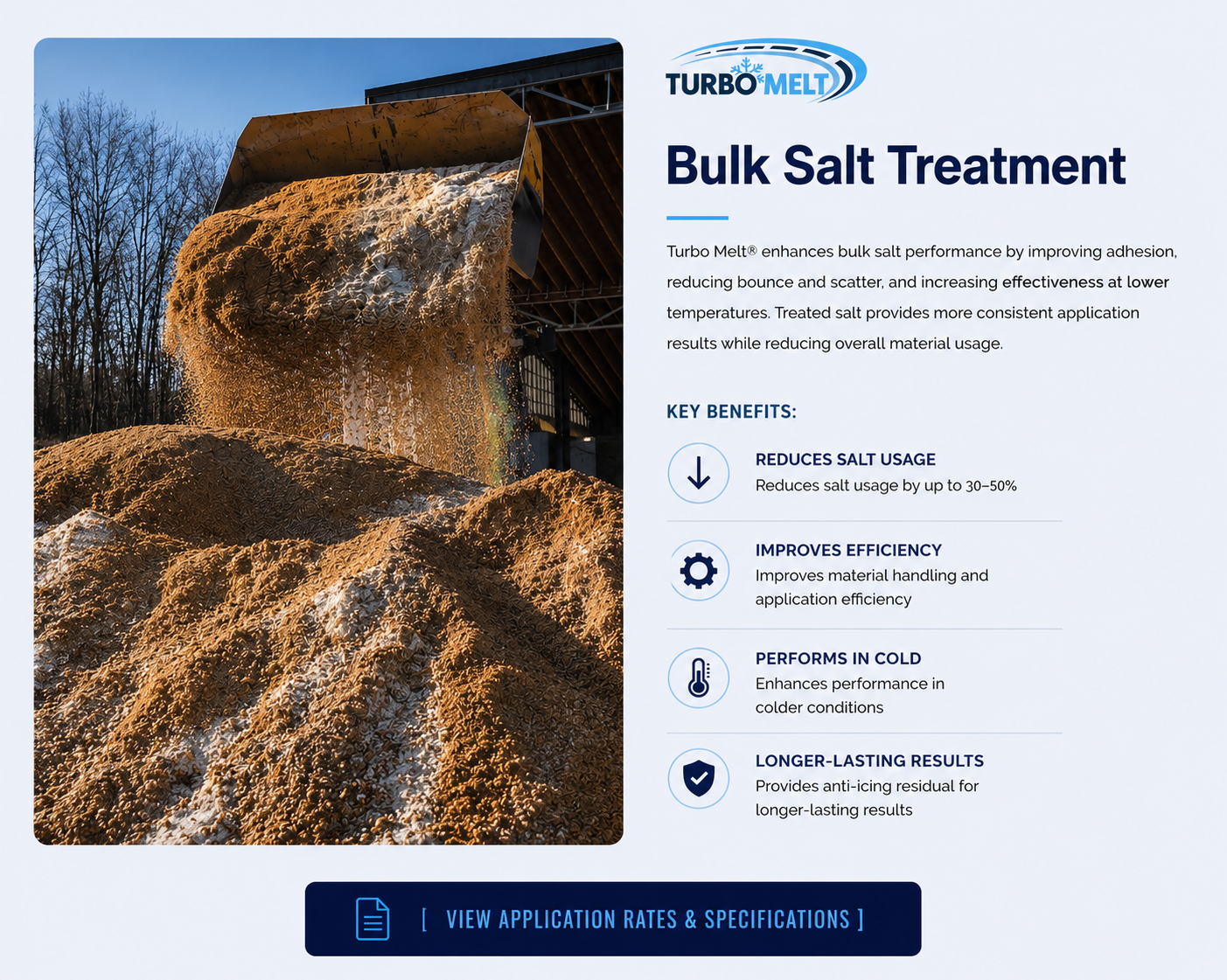 Image of a large amount of bulk salt being treated with Turbo Melt, with trees in the background, alongside an informational panel about Turbo Melt's bulk salt treatment benefits.