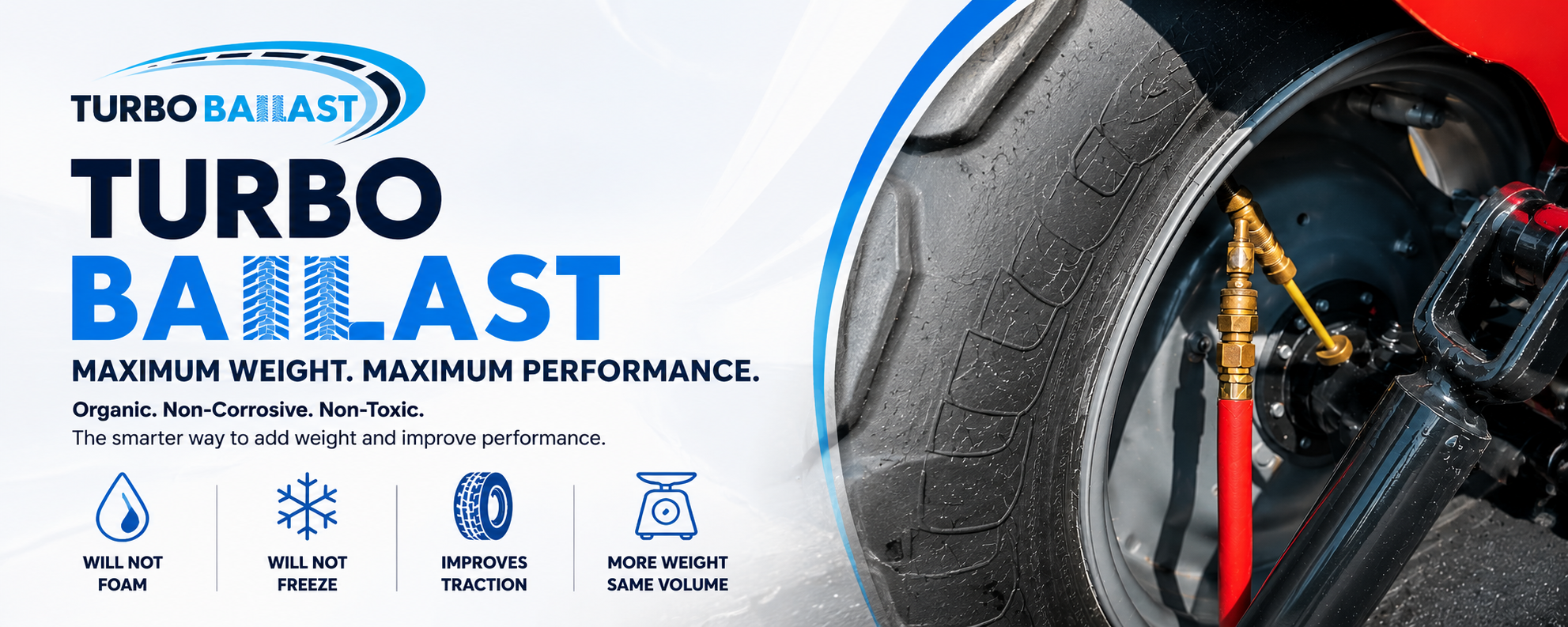 A promotional banner for Turbo Ballast features a tire and part of a vehicle suspension. The text highlights the product's benefits such as maximum weight and performance, organic, non-corrosive, non-toxic, and easy weight addition. Icons indicate it will not foam or freeze, improves traction, and adds more weight for the same volume.